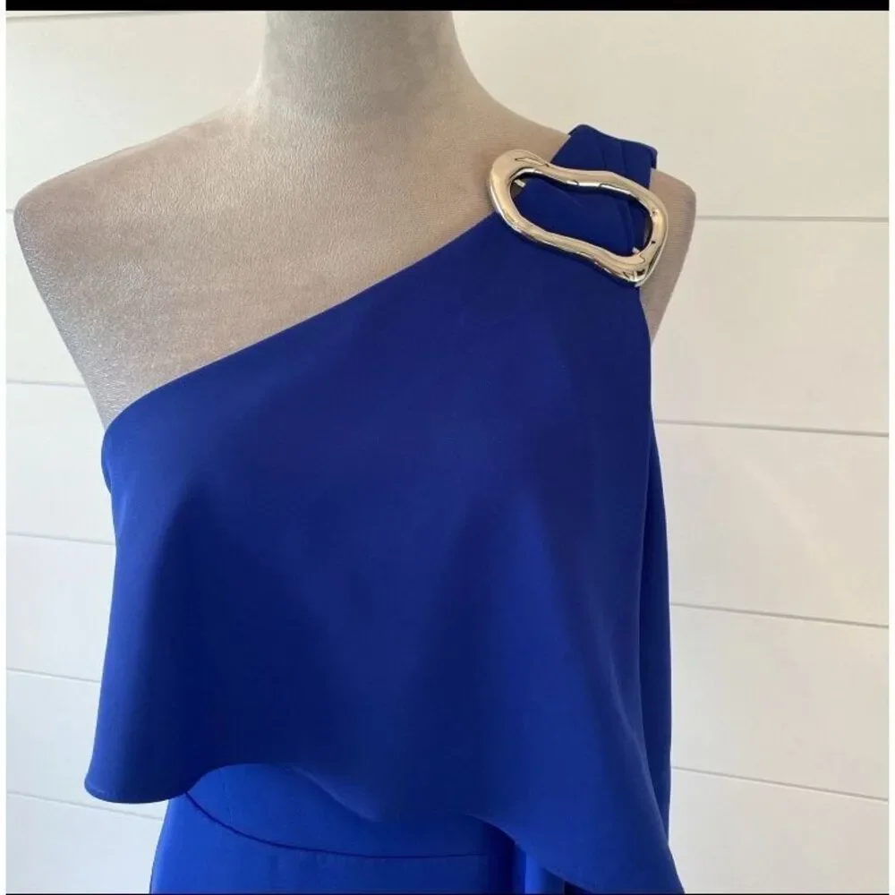 Halston Prussian Blue Joelle One-Shoulder Fluid Crepe Gown Size 2 NWT